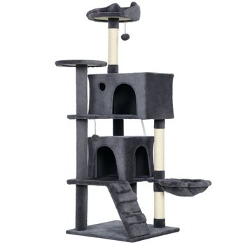 PawHut Árbol para Gatos Alto 140 cm con 2 Casetas, Cama y Hamaca para 2-3 Gatos, Revestimiento de Peluche, Gris
