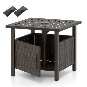 Costway Mesa Auxiliar para Exteriores con Agujero para Sombrilla Mesa de Café con Tablero de Aleación de Zinc-Hierro Mesa de Mimbre de 55,5 cm