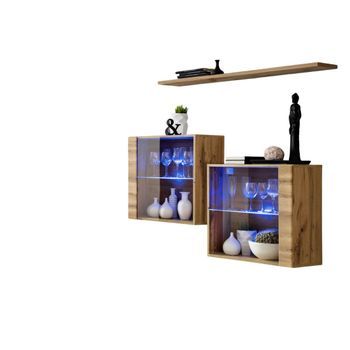 Conjunto De Muebles De Salón Switch Sbiii Diseño, Color Roble Wotan Y Puerta Acristalada Con Sistema Led Integrado.