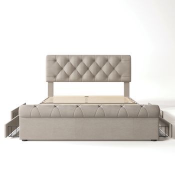 Cama Tapizada En Tela De Lino 140x200cm Con 2 Cajones Cabecero Regulable Natural Claro