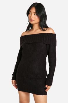Vestido Jersey Petite Mini De Canalé Ancho Con Escote Bardot, Negro