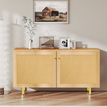 Aparador De Dos Puertas - Mueble Para Comedor - Mdf Y Ratán - Natural (120x40x63cm)