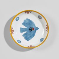 plato hondo de gres con pajaro multicolor