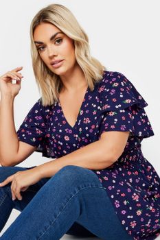 Yours Top Peplum Azul De Flores Rosadas, Mujer Curvy Y Tallas Grandes, Yours