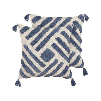 Conjunto De 2 Cojines De Algodón Azul Beige 45 X 45 Cm Borlas Relleno Jacaranda