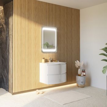 Mueble De Baño Curvado 70 Cm Blanco Brillante Con Espejo Led | Los Angeles