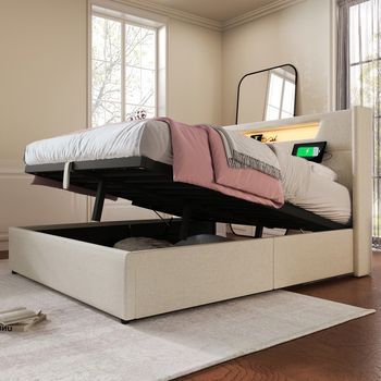 Cama Doble Tapizada Con Iluminación Led Y Carga Usb-c, Almacenamiento En Lino, 140x200 Con Somier De Lamas