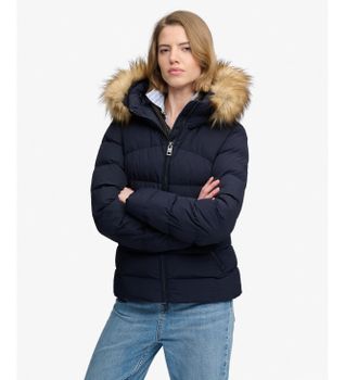 Superdry para mujer. W5012184A Chaqueta Acolchada Fuji con Pelo Sintético y Capucha marino (L), Casual, Poliéster