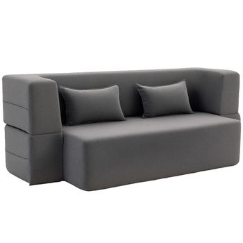 HOMCOM Sofá cama de 2 plazas de espuma, sofá cama con reposabrazos anchos, 2 cojines, capacidad 360 kg, Gris