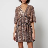 ganni ruffled leopard-print chiffon mini dress - eu 34uk 6