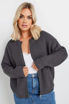 Yours Cárdigan Gris De Punto Con Cremallera Estilo Bomber, Mujer Curvy Y Tallas Grandes, Yours
