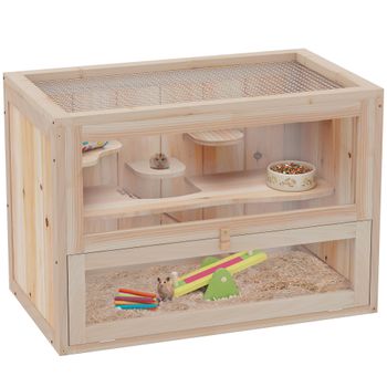 PawHut Jaula para Hámster de Madera, 2 Niveles, Plataformas, 60x35x42 cm, Natural