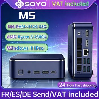 SOYO M5 Mini PC AMD Ryzen 3 4300U LPDDR4 16GB RAM 512GB ROM Windows 11 Pro Mini Computadora de Escritorio Salida Dual 4K Multi-Pantalla WiFi Bluetooth Gigabit LAN Tipo-C Micro PC Compacto para Hogar