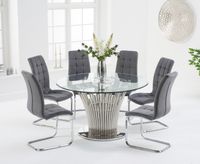 hans round 130cm glass table with lorin velvet chairs - green 4 chairs
