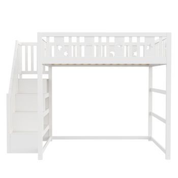Cama Alta Infantil 140x200 - Con Escalera, Cama De Madera Maciza Con Barandilla De Seguridad, Decoración De Estrellas Y Luna - Blanco