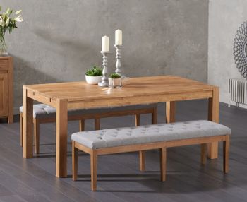 Verona 180cm Solid Oak Dining Table with Camille Grey Fabric Benches
