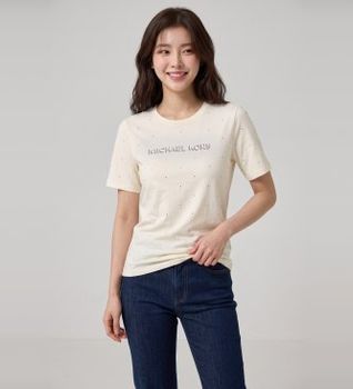 Michael Kors para mujer. MT6524Y97J Camiseta Classic MK Stud blanco roto (S), Casual, Manga corta, Algodón Orgánico