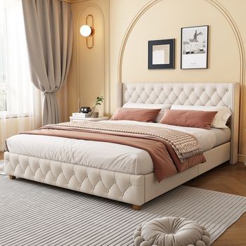 Cama Doble Tapizada En Lino Beige Con Somier A Lamas Y Cabecero Capitonado Con Botones Y Clavos Decorativos, Pies De Madera, 180x200 Cm
