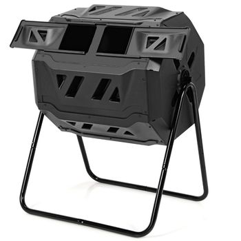 Costway Compostador de Exterior 160 L Cesto de Reciclaje de Residuos Orgánicos Giratorio con Doble Cámara 2 Puertas Correderas Negro 70 x 65 x 93 cm