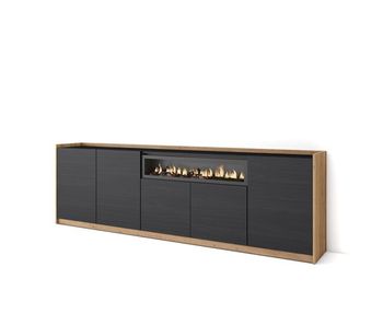 Aparador para salón, gran capacidad de almacenaje, 260x37x80 cm, 5 puertas, chimenea eléctrica, estilo moderno, negro y roble