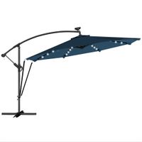 outsunny parasol excentrico con luces led solares o345 cm sombrilla jardin de aluminio con base cruzada manivela funda azul