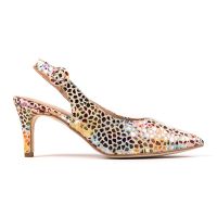 zapato salon con talon abierto en ante y estampado vidriera beige tacon medio mod las vegas
