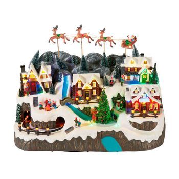 Pueblo Navideño Con Trineo De Papá Noel Well Home - Led, Movimiento Y Música - 59,5x35,5x38,5 Cm