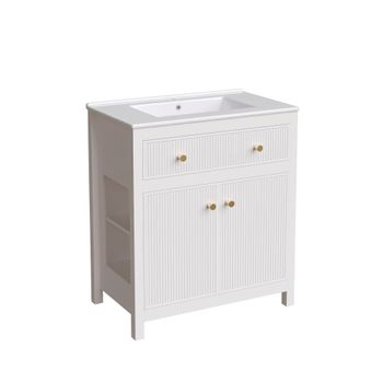 Mueble de lavabo blanco 81 cm - Diseño acanalado con detalles dorados