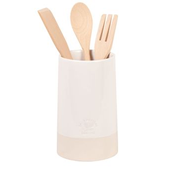 Tarro de cerámica blanca y beige con utensilios de madera de haya
