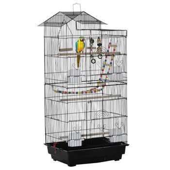 PawHut Jaula para Pájaros Pajarera de Metal con Puertas 4 Comederos 3 Perchas Columpio Escaleras Bandeja Extraíble 46x36x100 cm Negro   Aosom España