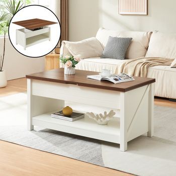 Mesa De Centro Kasama Con Tablero Elevable - 110x55x54 Cm - Efecto Nogal/blanco