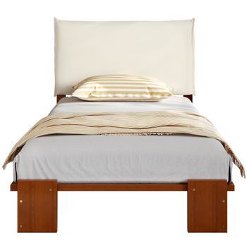 Cama Tapizada Individual Y Cama Infantil 90x200 Cm Con Respaldo De Velcro Y Somier Estable, Madera De Pino, Marrón Oscuro