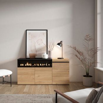 Aparador efecto madera roble y negro 150x35x75cm chimenea efecto fuego