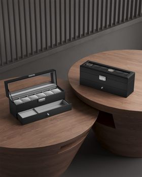 Caja de reloj de 2 niveles de cuero sintético negro