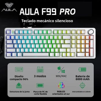 AULA F99 Pro Teclado mecánico silencioso inalámbrico tres modos intercambiables en caliente personalizado RGB retroiluminado translúcido teclado grabado lateral