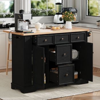 Isla De Cocina Extensible Negra De Mdf, 130,5 Cm, Encimera Abatible Y Almacenaje
