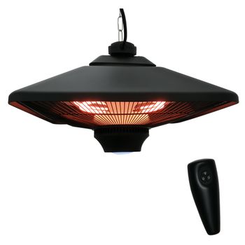 Outsunny Calefactor Exterior 1000/2000W Estufa Colgante de Techo Infrarrojos Halógeno con Control Remoto y Luz LED 43x43x25 cm Negro   Aosom España