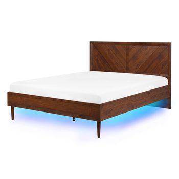 Cama Doble De Madera Oscura 140 X 200 Cm Cabecero Alto Estilo Rústico Con Luces Led De Colores Mialet