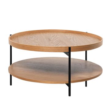 Mesa centro con doble tablero de roble y patas negras.