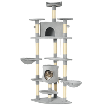 PawHut Árbol Rascador para Gatos Grande 60x60x200 cm con 2 Cuevas 2 Hamacas Cama Postes Rascadores de Sisal y Bolas de Juguete Gris   Aosom España