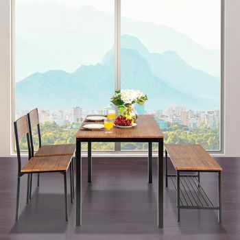 Juego Mesa Reunión Industrial 2 Sillas 1 Banco Marco Metal Estante Marrón Claro