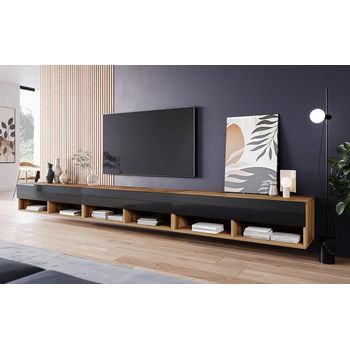 Mueble De Tv Lowboard A 300 Cm, Mueble De Televisión, Mueble De Salón, Con Iluminación Led, Color Wotan/negro Brillo