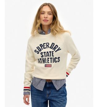 Superdry para mujer. W6110629A Jersey Slouchy Intarsia Graphic blanco roto (S), Casual, Algodón