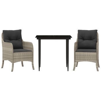 Set Comedor De Jardín 3 Uds | Conjunto Mueble Jardin Mesa Y Sillas Cojines Ratán Sintético Gris Claro