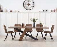 chateau 180cm black leg industrial dining table with dexter faux leather dining chairs - brown 6 chairs