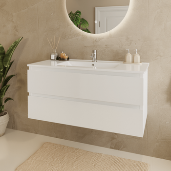 Mueble De Baño Suspendido 100 Cm Branco Brilhante - Lavabo Blanco - Con 2 Cajones - Lomazoo Marenza