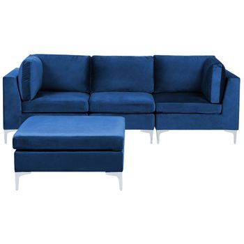 Sofá 3 Plazas De Terciopelo Azul Marino Con Reposapiés Asiento Patas Metal Glamour Evja
