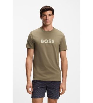 BOSS para hombre. 50491706 Camiseta de punto de algodón con logo estampado marrón verdoso (S), Casual, Manga corta