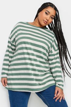 Yours Camiseta Manga Larga De Algodón De Rayas Blancas Y Verdes, Mujer Curvy Y Tallas Grandes, Yours
