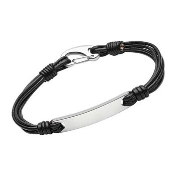 Pulsera de cuero negro con mosquetón de chapa grabada